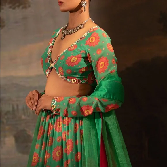 Green Printed Lehenga Set - Picture 3 of 4